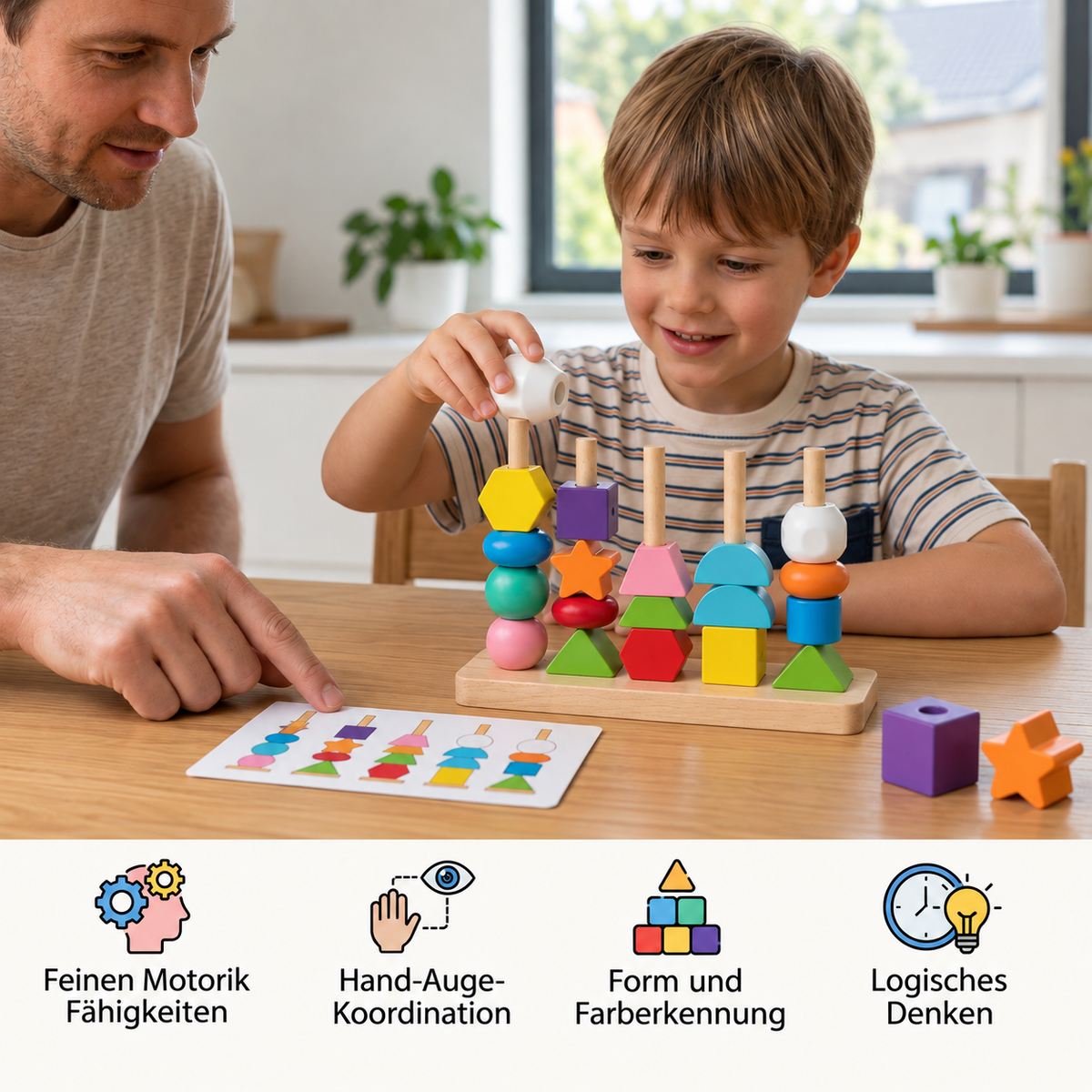 Montessori-Fädelspiel aus Holz mit Farben und Formen