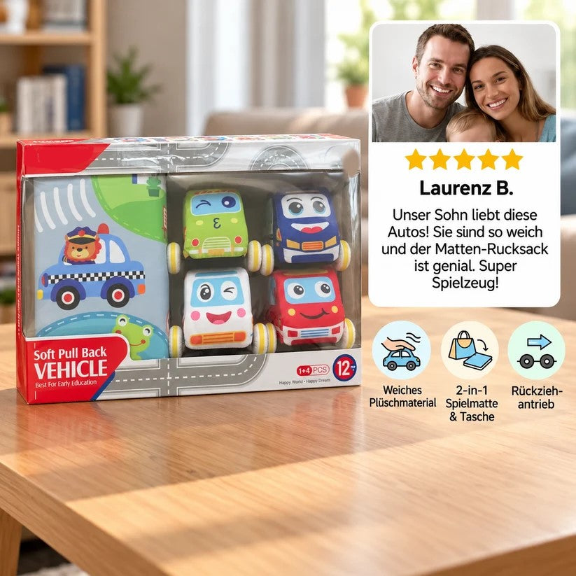Weiches Plüsch-Rückziehauto-Set mit 2-in-1 Spielmatte & Aufbewahrungstasche