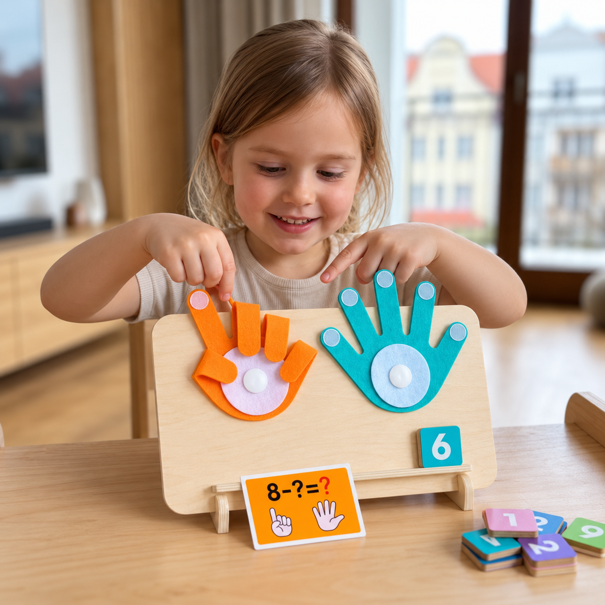 Montessori-Lernspiel für Mathematik mit Fingerübungen