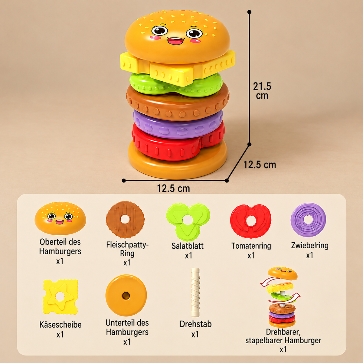 Interaktives rotierendes Burger-Stapelspiel