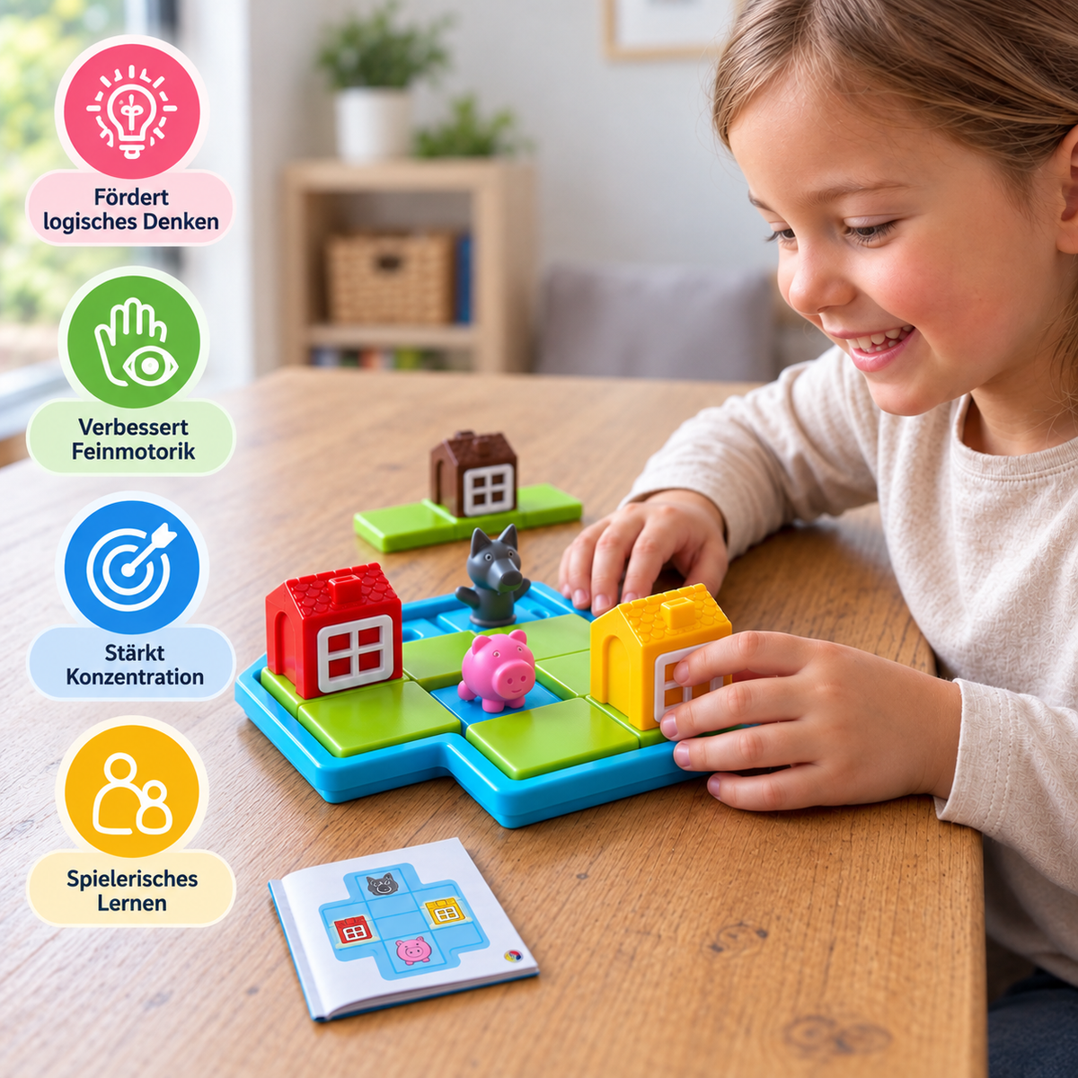 Montessori-Puzzle- und Geschicklichkeitsspiel „Die drei kleinen Schweinchen und der Wolf“