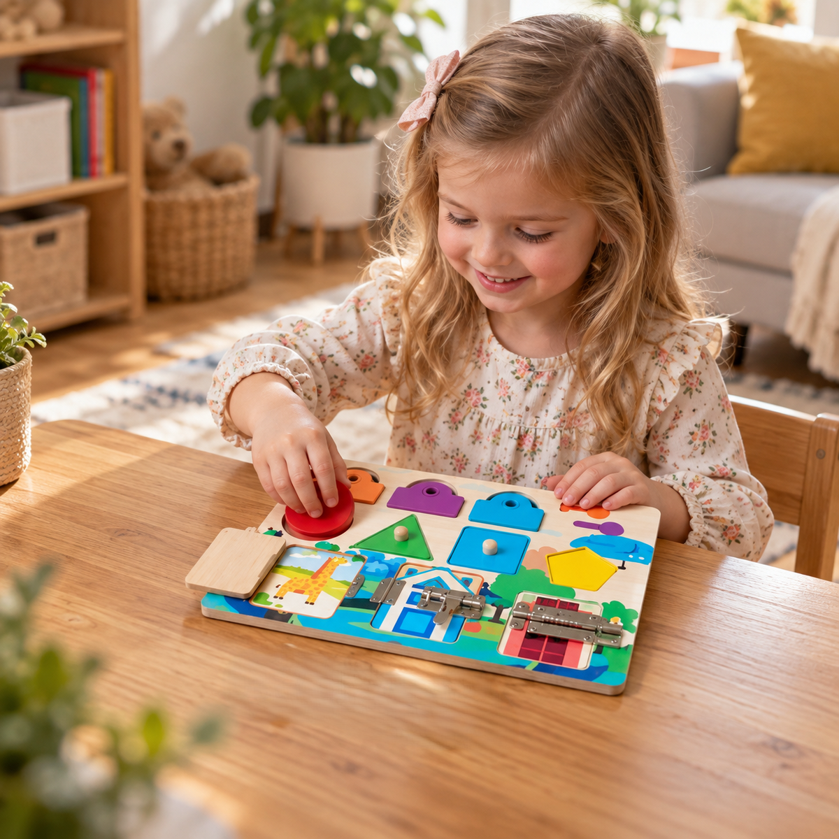 Montessori-Aktivitätsbrett mit verschiedenen Aufgaben