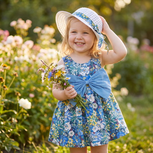 Sommerliches 2in1 Set - Armelloses Mädchenkleid mit Schleife und Hut mit Blumenmuster aus Baumwolle