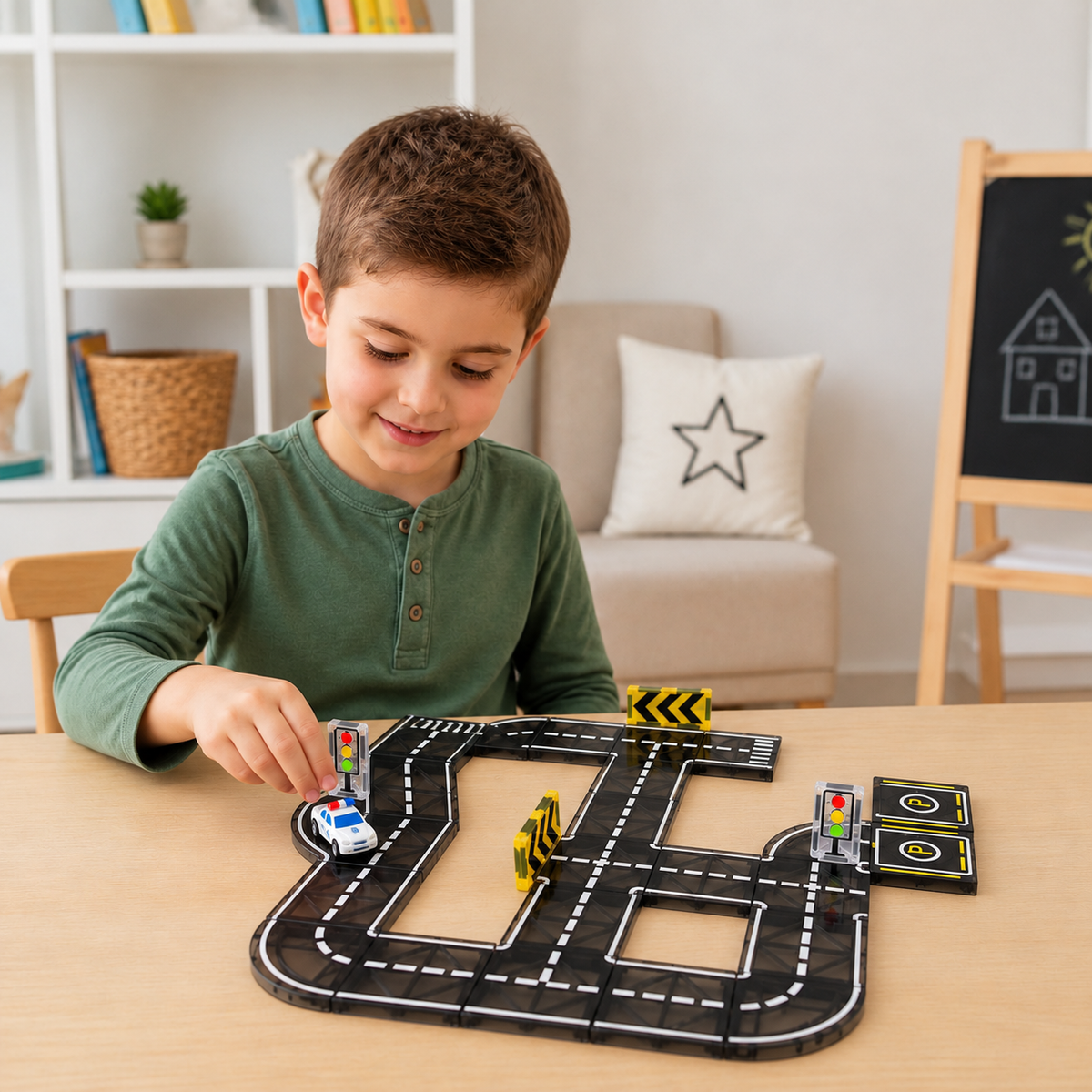 Magnetbaustein- & Magnetplatten-Set mit Straßen & Ampeln