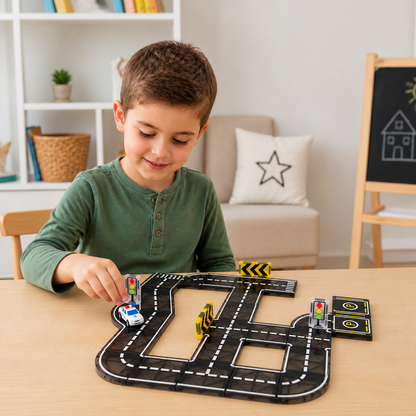 Magnetbaustein- & Magnetplatten-Set mit Straßen & Ampeln