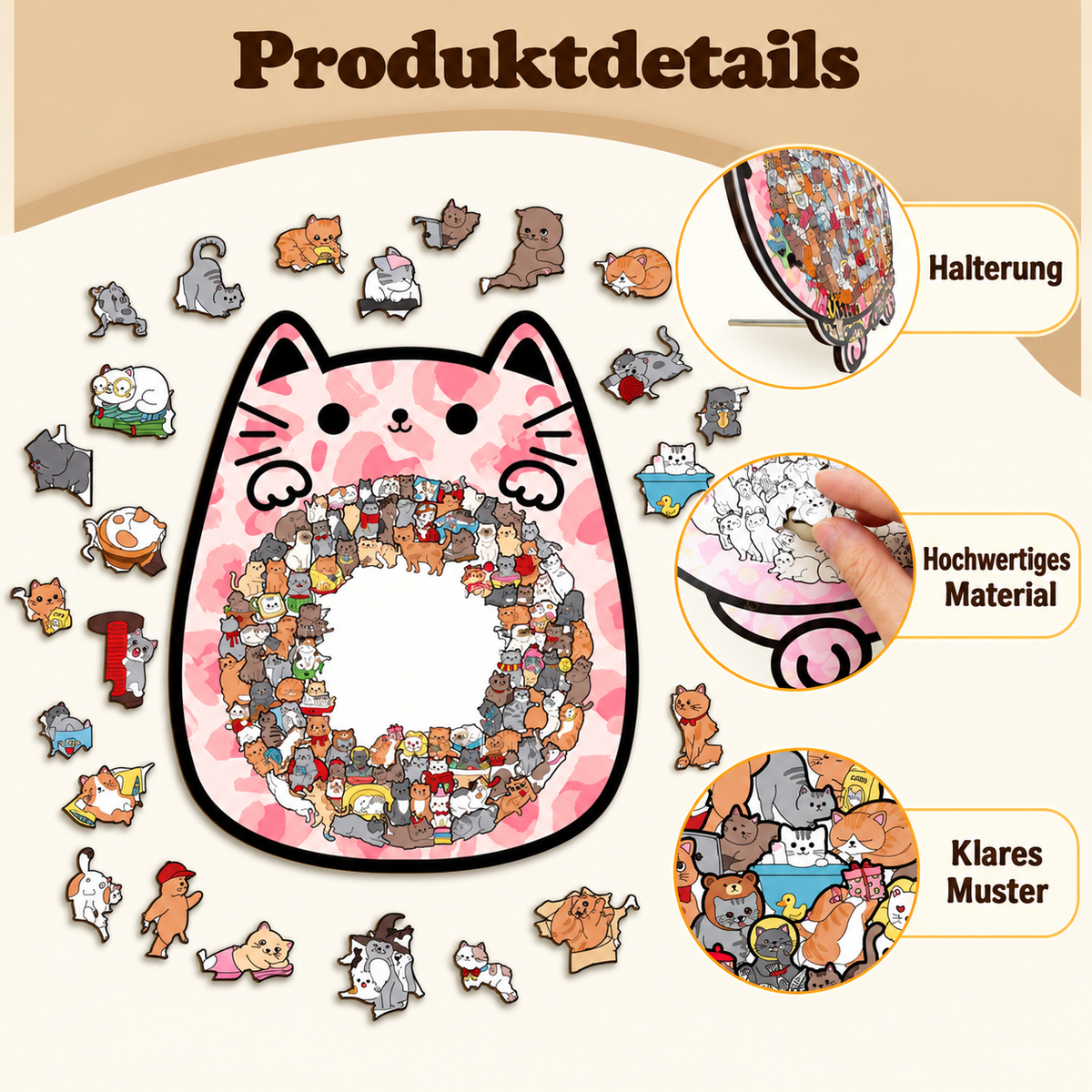 135-teiliges Holz-Puzzle mit katzenförmigen Puzzleteilen