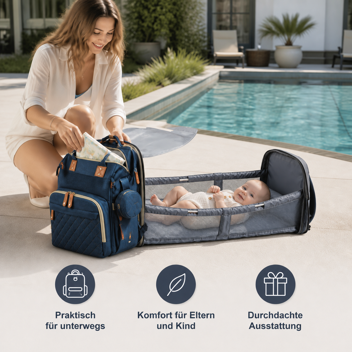 3-in-1 Reise Wickelrucksack mit faltbarem Babybett - Perfekt für Unterwegs!