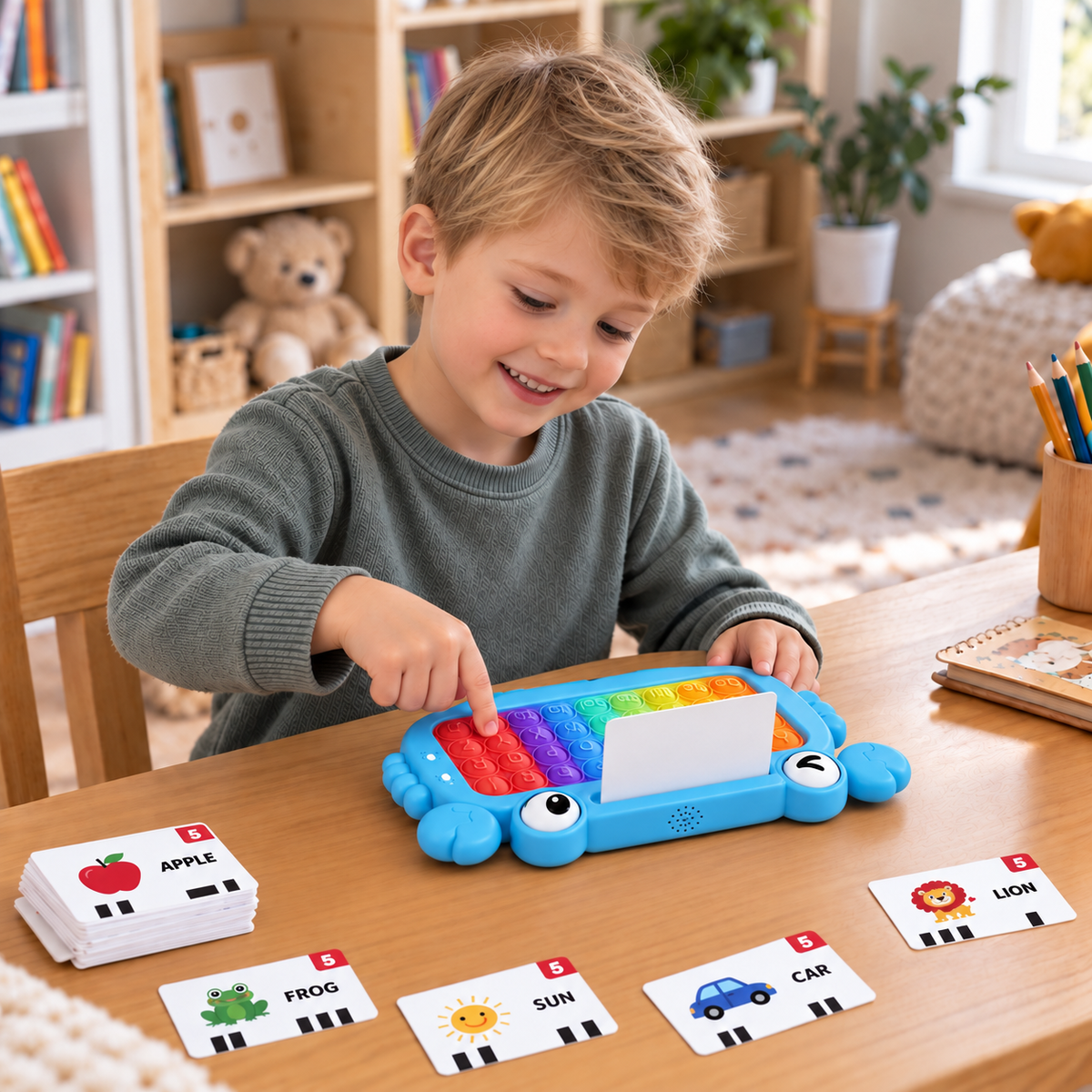 Interaktives sprechendes Lernkarten-Tablet mit Pop-It-Tastatur, Buchstabier- & Phonetikspielen