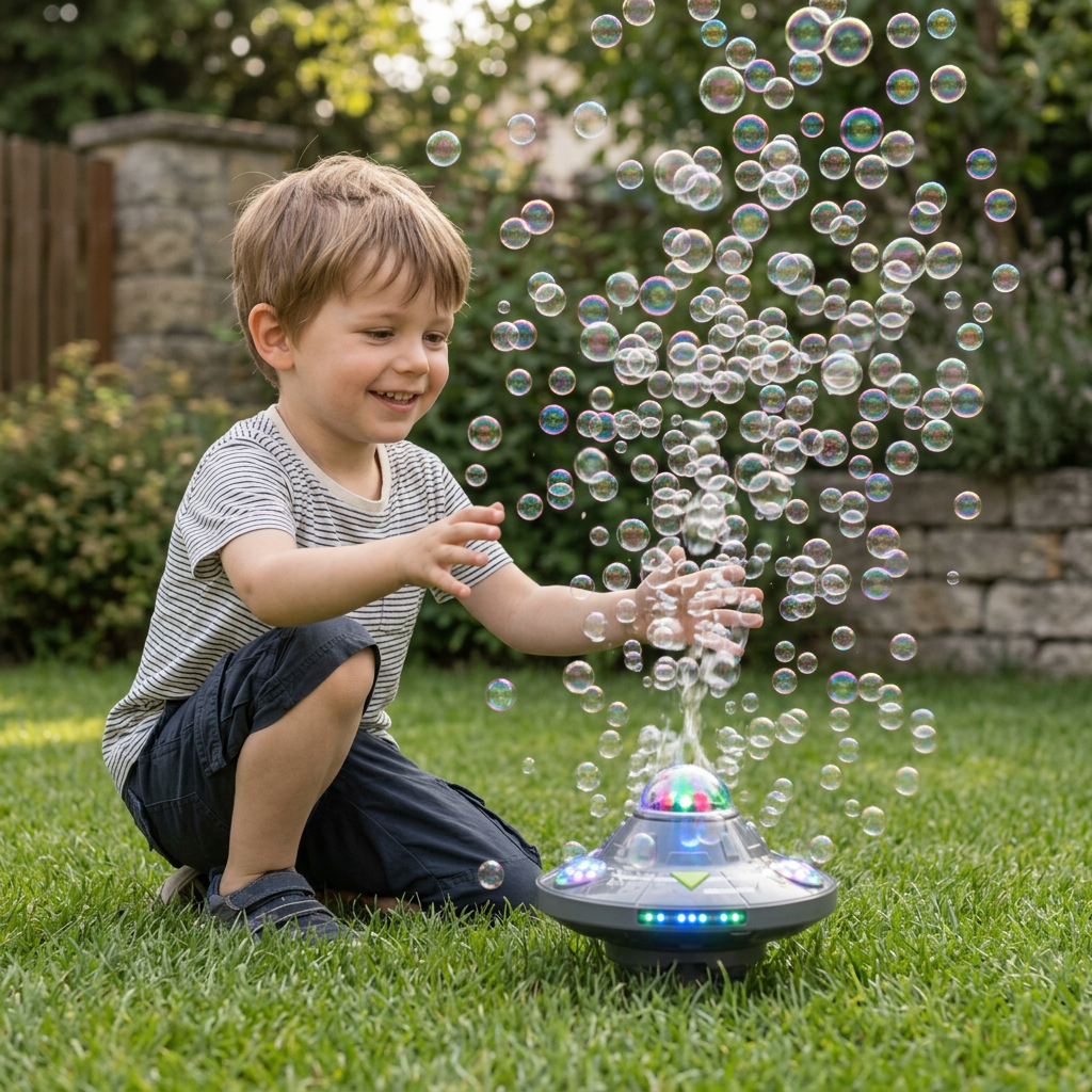 Leuchtende UFO-Seifenblasenmaschine für Kinder – Wiederaufladbarer Blasen Kreisel mit Lichteffekten
