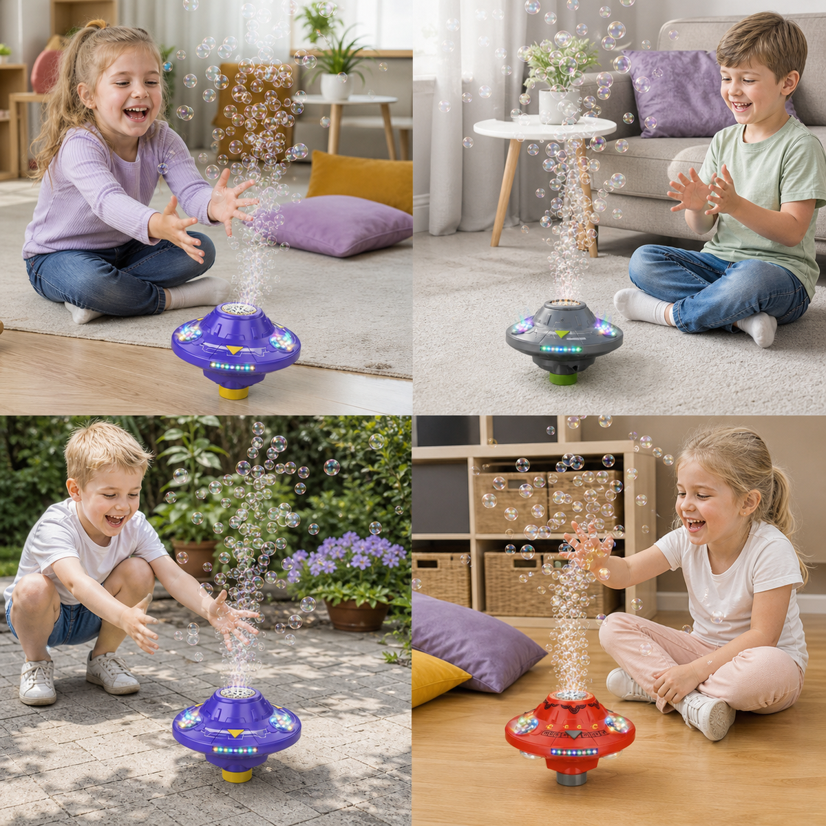 Leuchtende UFO-Seifenblasenmaschine für Kinder – Wiederaufladbarer Blasen Kreisel mit Lichteffekten