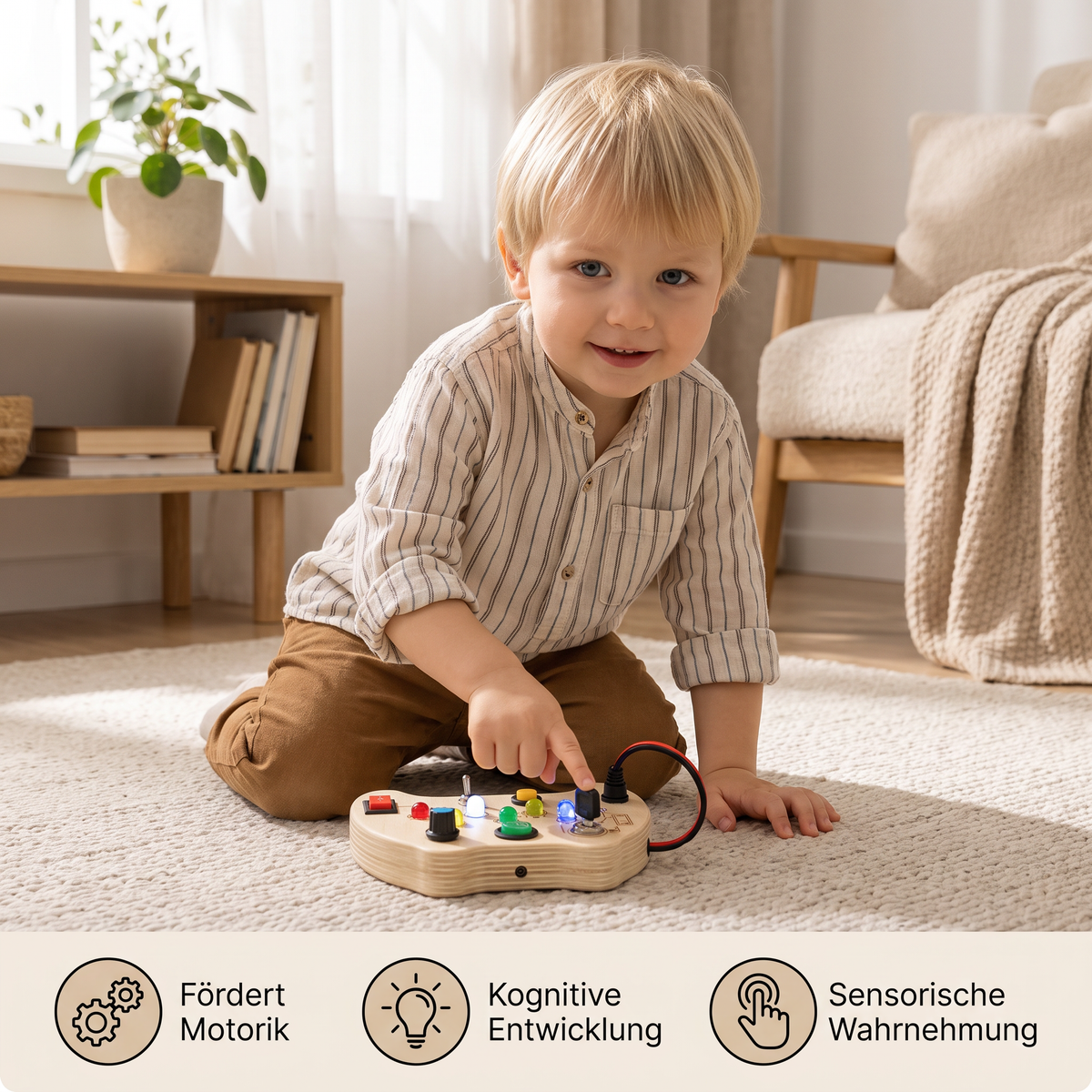 LED Controller Busy Board aus Holz – Montessori Lernspielzeug zur Förderung von Motorik