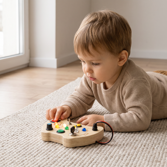 LED Controller Busy Board aus Holz – Montessori Lernspielzeug zur Förderung von Motorik