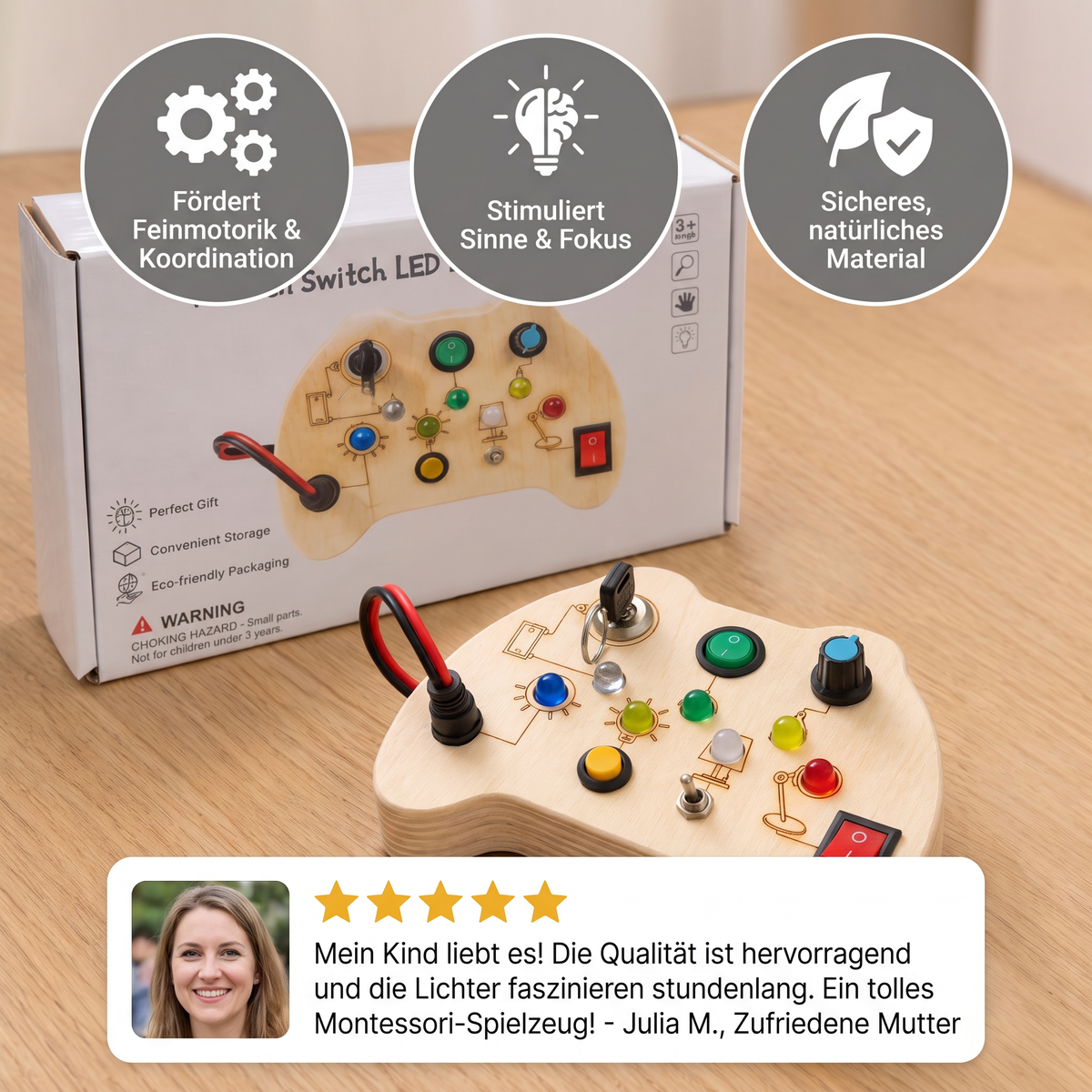 LED Controller Busy Board aus Holz – Montessori Lernspielzeug zur Förderung von Motorik