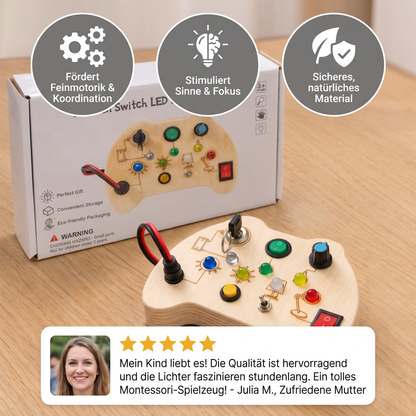 LED Controller Busy Board aus Holz – Montessori Lernspielzeug zur Förderung von Motorik