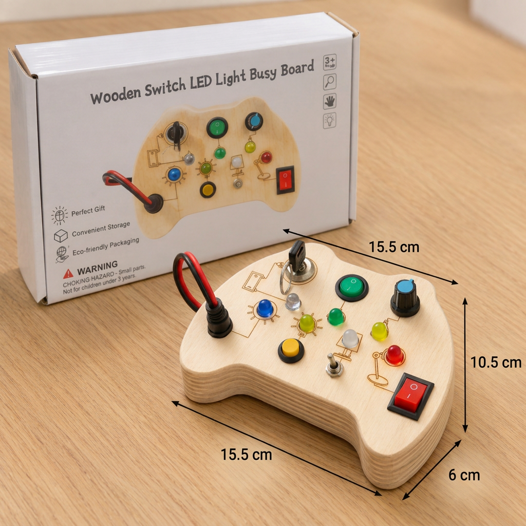 LED Controller Busy Board aus Holz – Montessori Lernspielzeug zur Förderung von Motorik