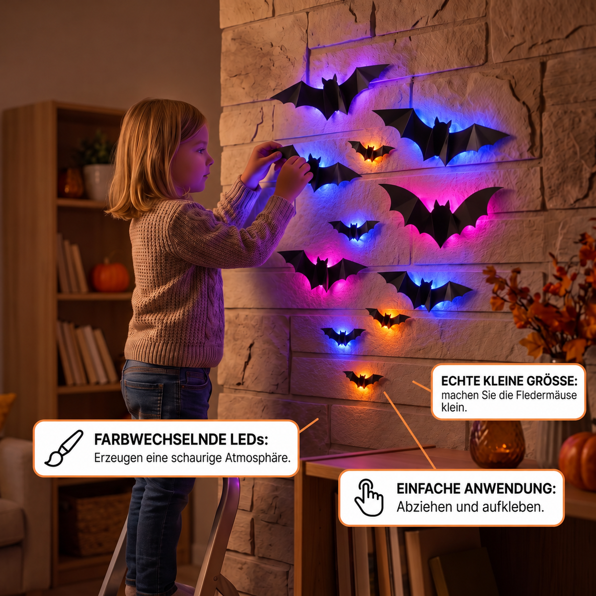 3D-LED-Halloween-Fledermaus-Wanddekoration mit Farbwechsel-Lichtern