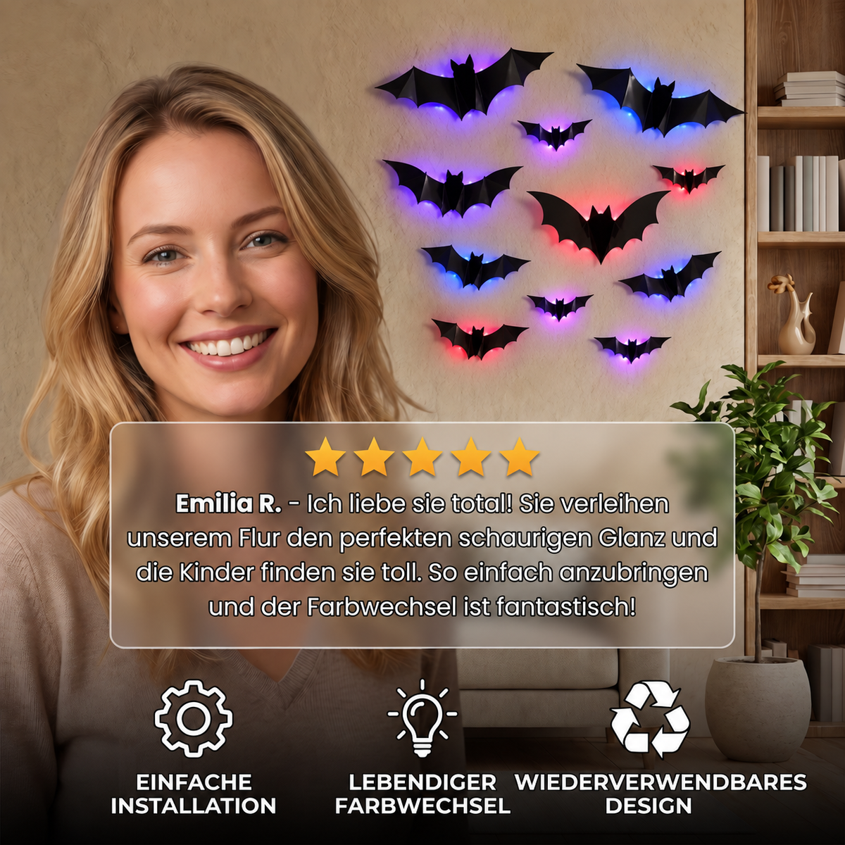 3D-LED-Halloween-Fledermaus-Wanddekoration mit Farbwechsel-Lichtern
