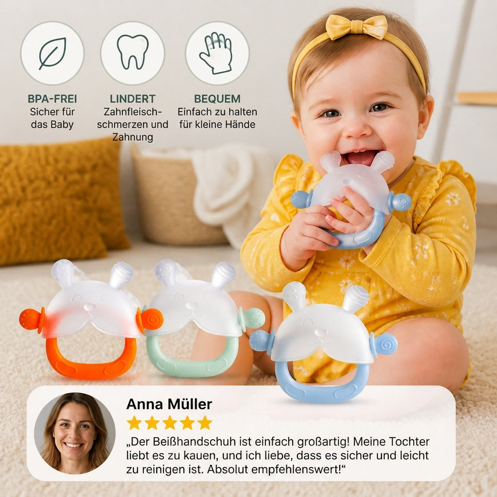 Hasen-Baby-Beißhandschuh – Weicher, BPA-freier Silikon-Beißring mit Anti-Fall-Handgelenkband (3–18 Monate)
