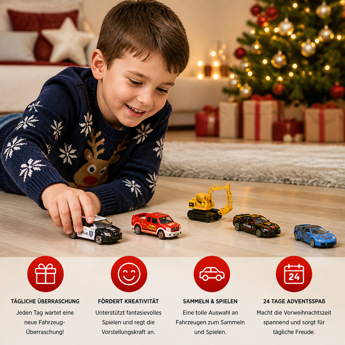 Weihnachts-Adventskalender mit Druckgussautos für Kinder
