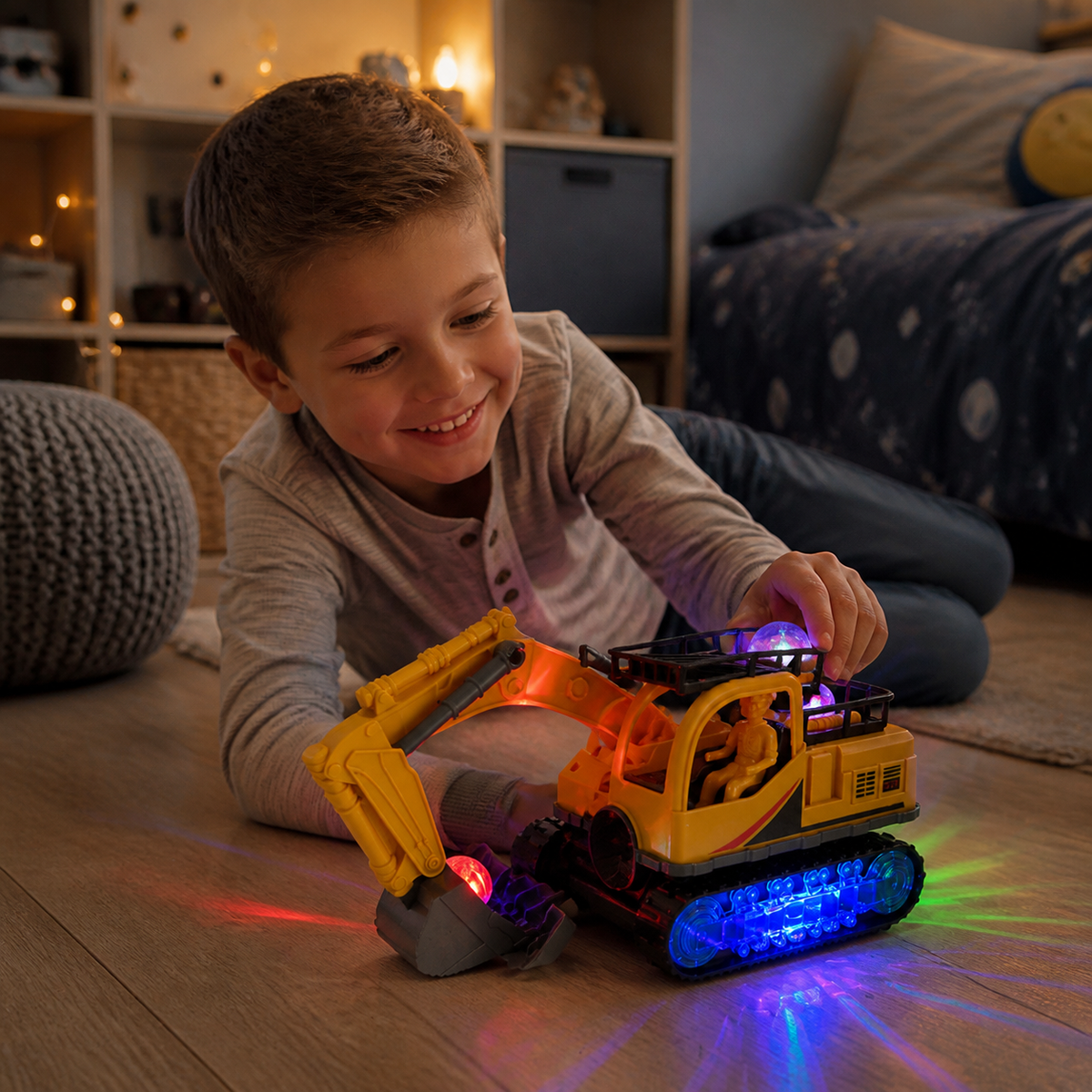 Elektrischer Spielzeugbagger mit Diskokugel, Musik & Bump-and-Go-Funktion