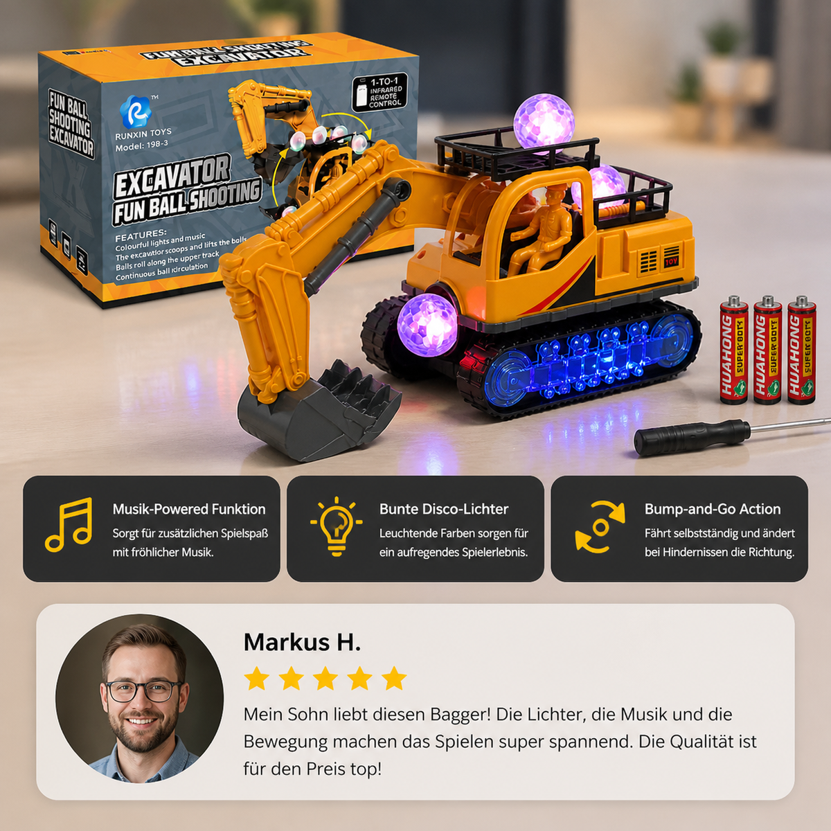Elektrischer Spielzeugbagger mit Diskokugel, Musik & Bump-and-Go-Funktion