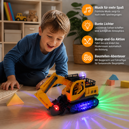 Elektrischer Spielzeugbagger mit Diskokugel, Musik & Bump-and-Go-Funktion