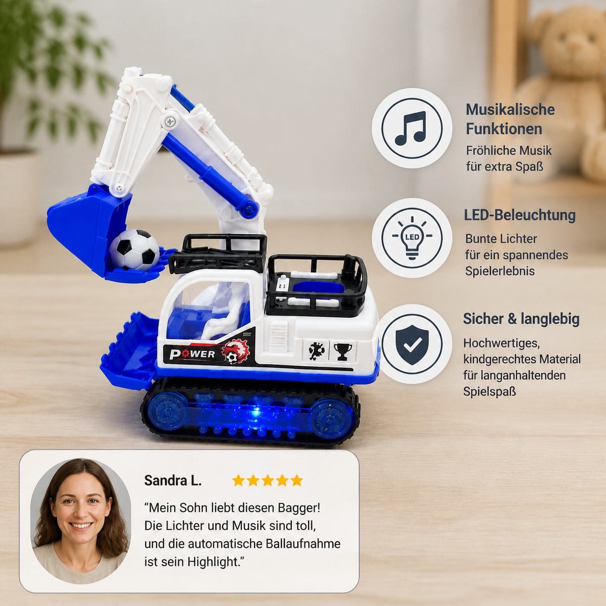 Musikalischer Bagger mit automatischer Fußball-Schaufel & LED-Lichtern