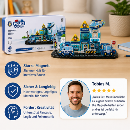 40-teiliges magnetisches Reise-Bauset mit Baustellen-, Feuerwehr- & Polizeifahrzeugen