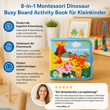 8-in-1 Montessori-Dinosaurier-Busy-Board-Aktivitätsbuch für Kleinkinder