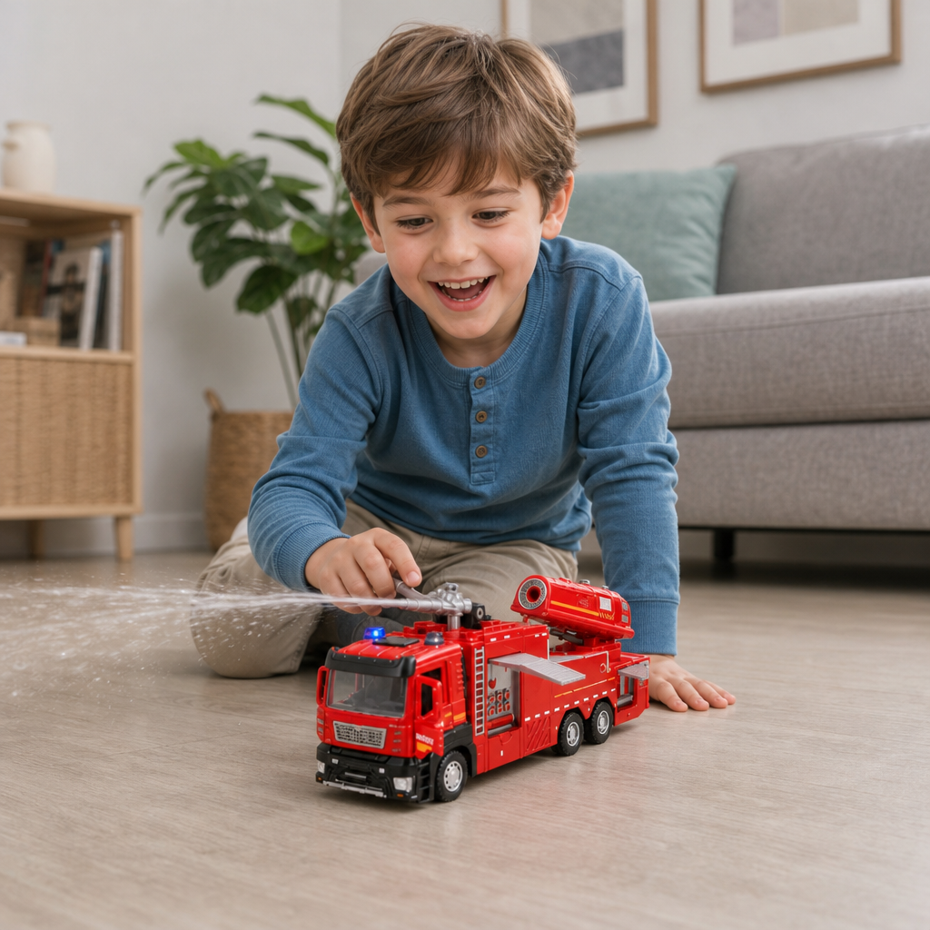 Feuerwehrauto mit Rückziehmotor, Wassersprühfunktion, Licht & Sound