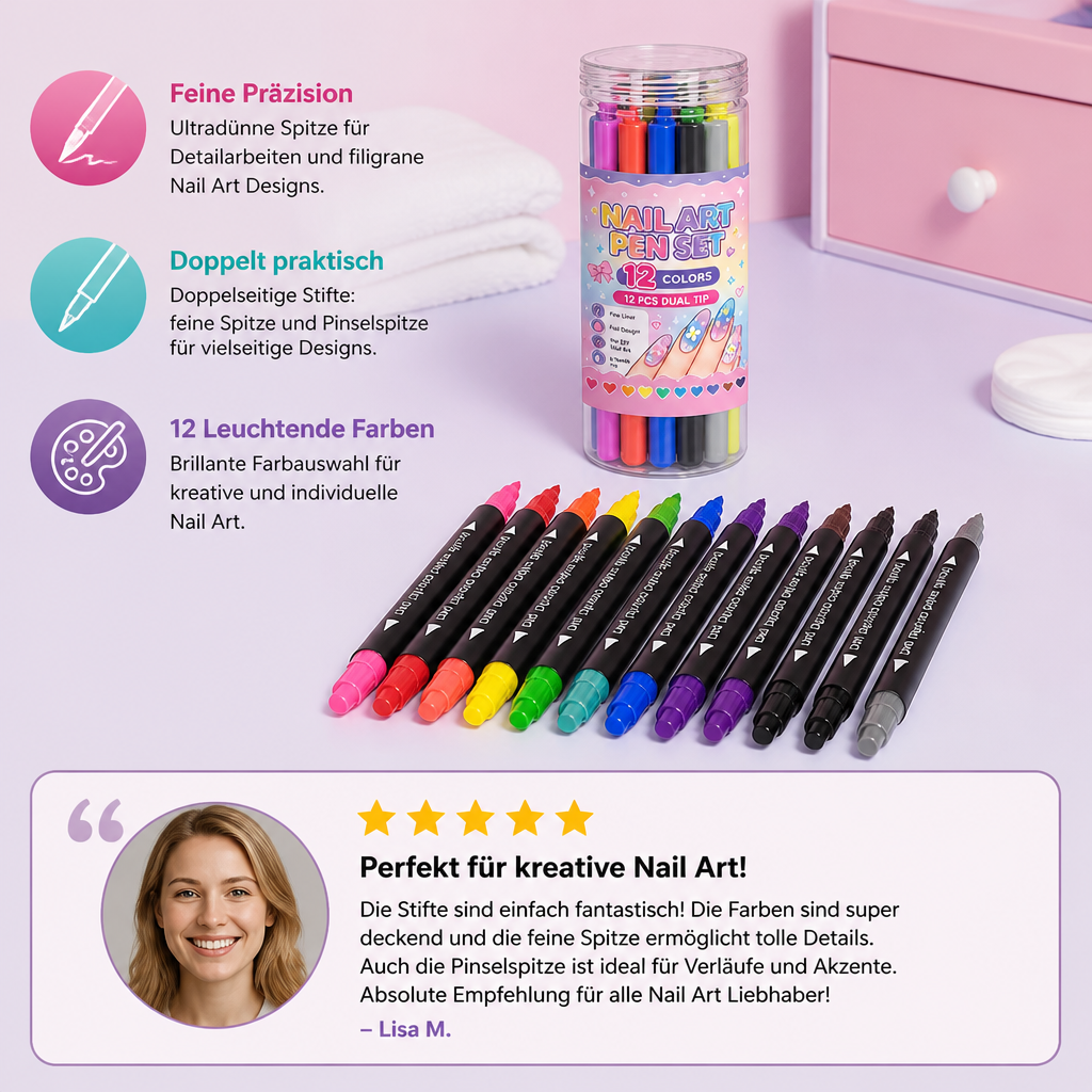 12-Farben-Nail-Art-Stifte-Set mit Doppelspitze – Für feine Details & kreative Designs
