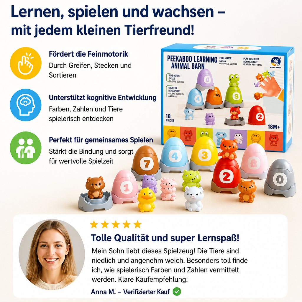 Montessori-Fingerpuppen-Set aus weichem Gummi mit Bauernhoftieren zum Farben-Sortieren & Zahlenlernen