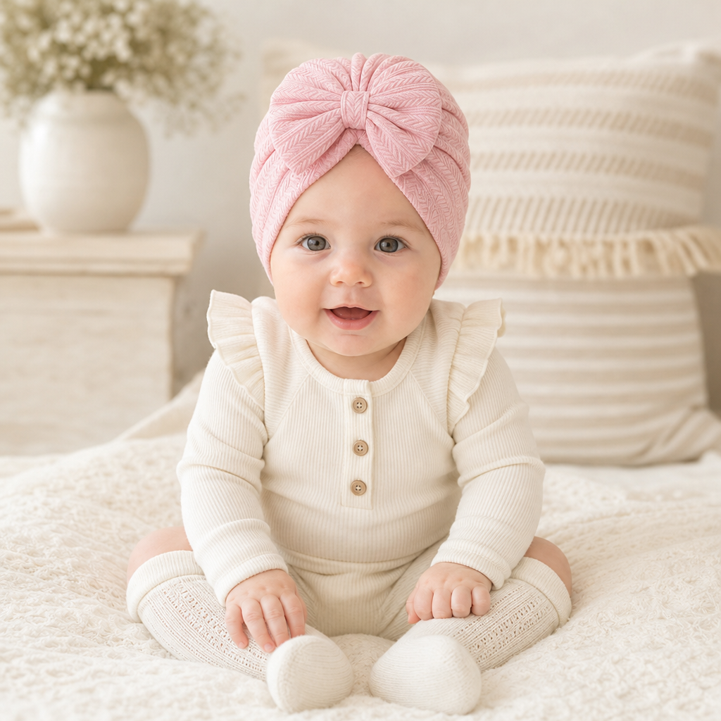 Geraffter Baby-Turban mit Schleife – Weiche Strickmütze für Neugeborene