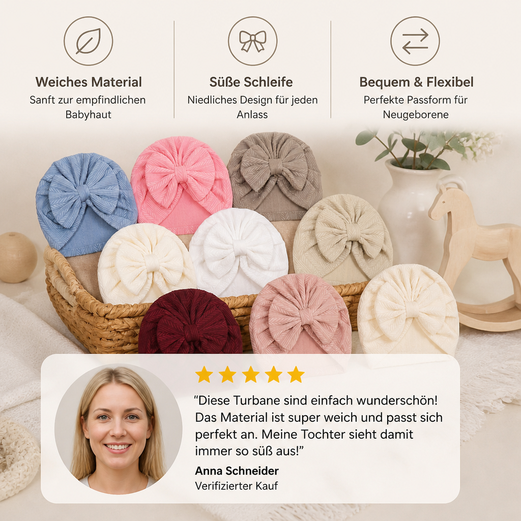 Geraffter Baby-Turban mit Schleife – Weiche Strickmütze für Neugeborene