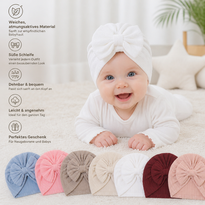Geraffter Baby-Turban mit Schleife – Weiche Strickmütze für Neugeborene