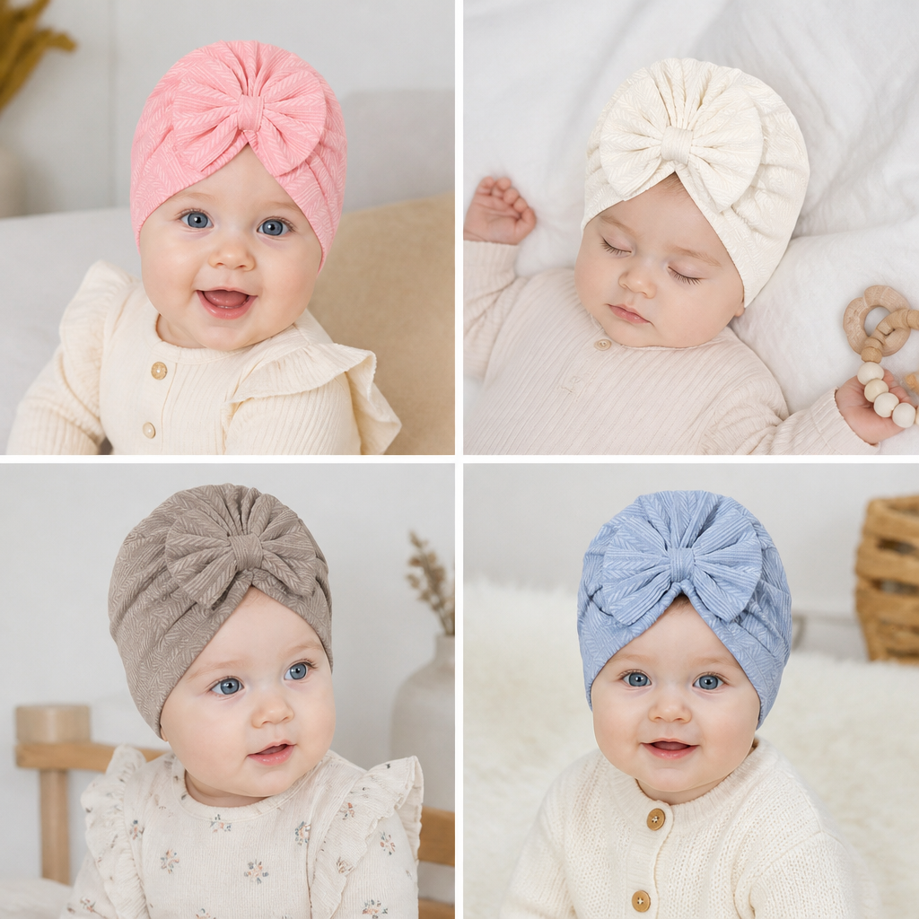 Geraffter Baby-Turban mit Schleife – Weiche Strickmütze für Neugeborene