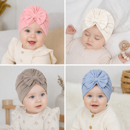Geraffter Baby-Turban mit Schleife – Weiche Strickmütze für Neugeborene