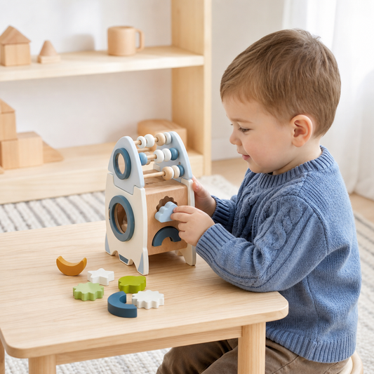 Handgefertigte Montessori-Holzrakete mit verschiedenen Formen und Farben