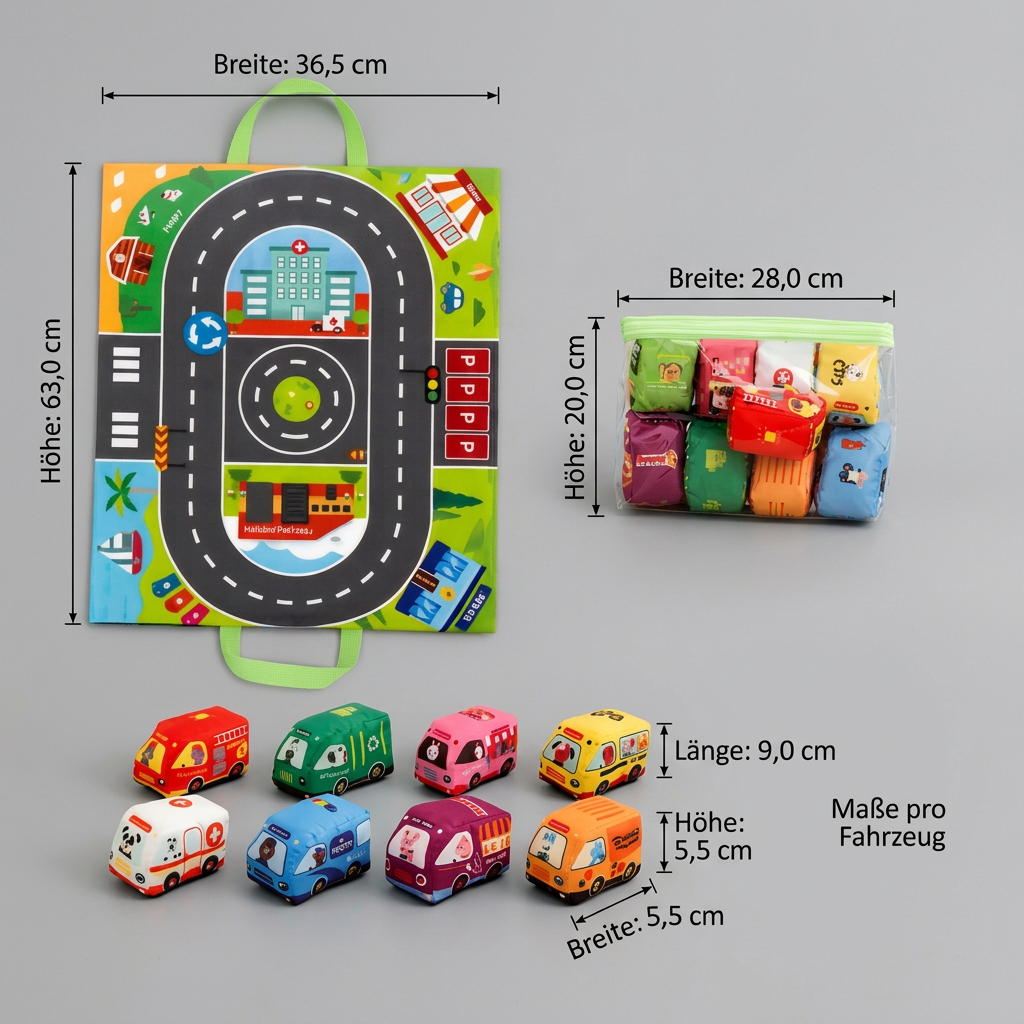 2-in-1-Sensorik-Plüschautos mit Straßen-Spielmatte und Tasche für unterwegs