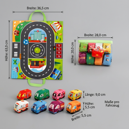 2-in-1-Sensorik-Plüschautos mit Straßen-Spielmatte und Tasche für unterwegs