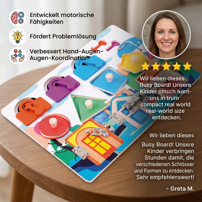 Montessori-Aktivitätsbrett mit verschiedenen Aufgaben