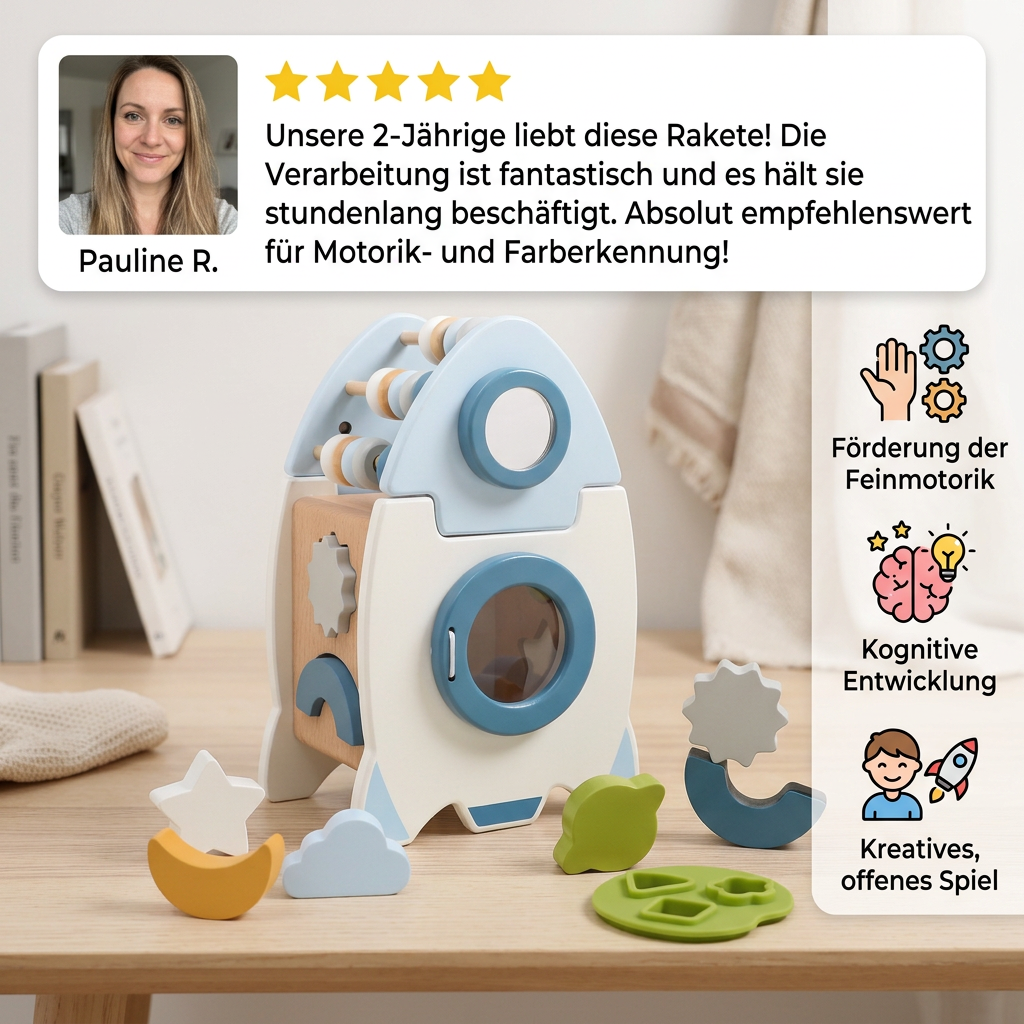 Handgefertigte Montessori-Holzrakete mit verschiedenen Formen und Farben