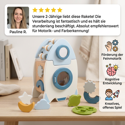 Handgefertigte Montessori-Holzrakete mit verschiedenen Formen und Farben