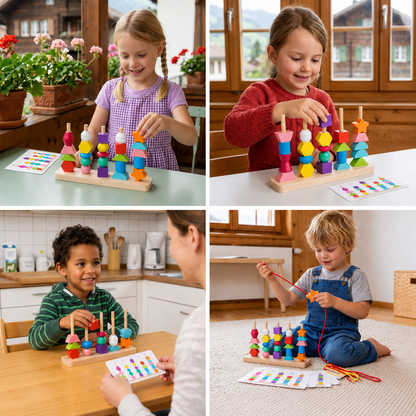 Montessori-Fädelspiel aus Holz mit Farben und Formen