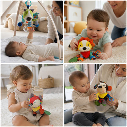 Sensorisches Plüschspielzeug für Babys mit Rassel und Silikon-Zahnungselement