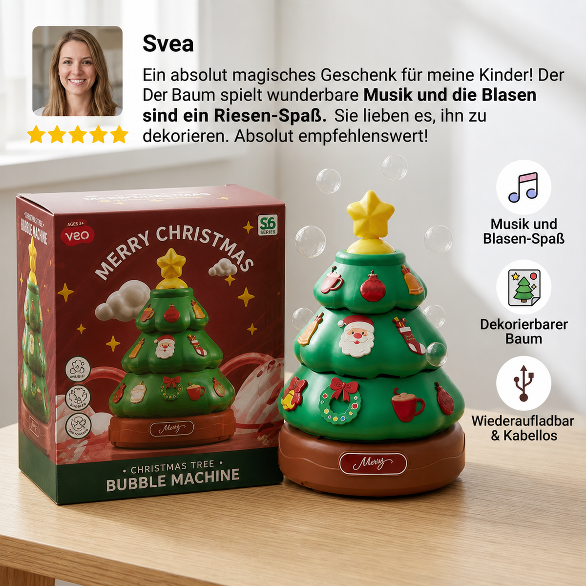 Musikalischer Weihnachtsbaum mit Seifenblasen und Aufklebern zum Dekorieren