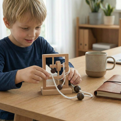 Handgefertigtes Holz-Seil-Geduldsspiel – Logik-Puzzlespiel für die ganze Familie