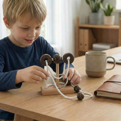 Handgefertigtes Holz-Seil-Geduldsspiel – Logik-Puzzlespiel für die ganze Familie