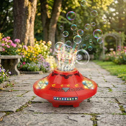 Leuchtende UFO-Seifenblasenmaschine für Kinder – Wiederaufladbarer Blasen Kreisel mit Lichteffekten