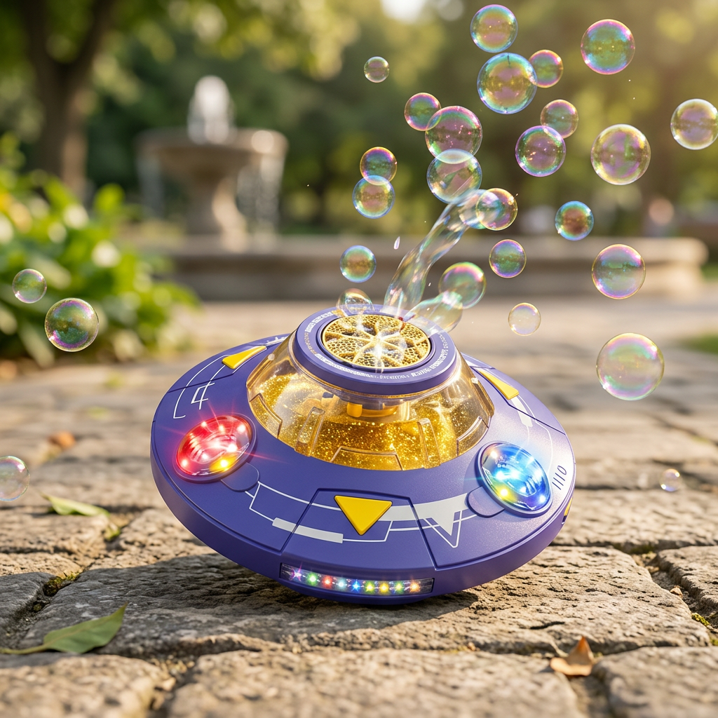 Leuchtende UFO-Seifenblasenmaschine für Kinder – Wiederaufladbarer Blasen Kreisel mit Lichteffekten